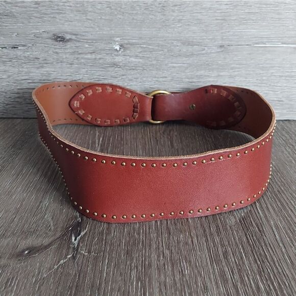Studded Brown Leather Belt Medium - Picture 2 of 5